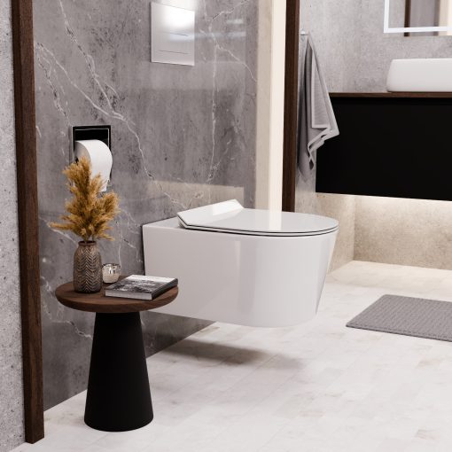 HD Noa Glossy White perem nélküli mély öblítésű íves fali WC slim "F" tetővel és fényes króm zsanérral