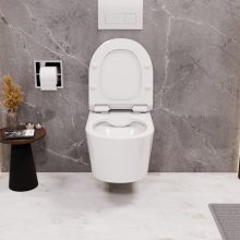 HD Noa Glossy White perem nélküli mély öblítésű íves fali WC slim "F" tetővel és fényes króm zsanérral
