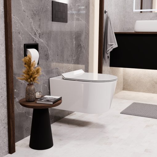 HD Noa Glossy White perem nélküli mély öblítésű íves fali WC slim "F" tetővel és matt fekete zsanérral