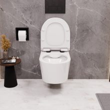 HD Noa Glossy White perem nélküli mély öblítésű íves fali WC slim "F" tetővel és matt fekete zsanérral