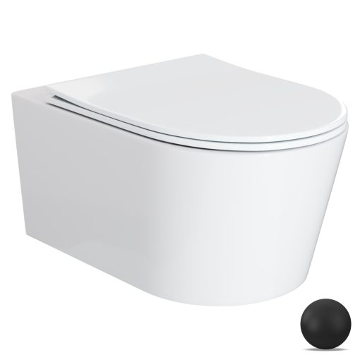 HD Noa Glossy White perem nélküli mély öblítésű íves fali WC slim "P" tetővel és matt fekete zsanérral