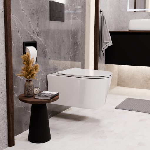 HD Noa Glossy White perem nélküli mély öblítésű íves fali WC slim "P" tetővel és matt fekete zsanérral