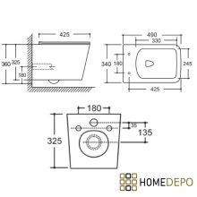 HD Noa Glossy White perem nélküli mély öblítésű íves fali WC slim "P" tetővel és matt fekete zsanérral