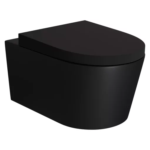 HD Noa Matt Black perem nélküli mély öblítésű íves fali WC compact "A" tetővel és matt fekete zsanérral