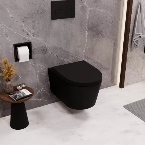 HD Noa Matt Black perem nélküli mély öblítésű íves fali WC compact "A" tetővel és matt fekete zsanérral