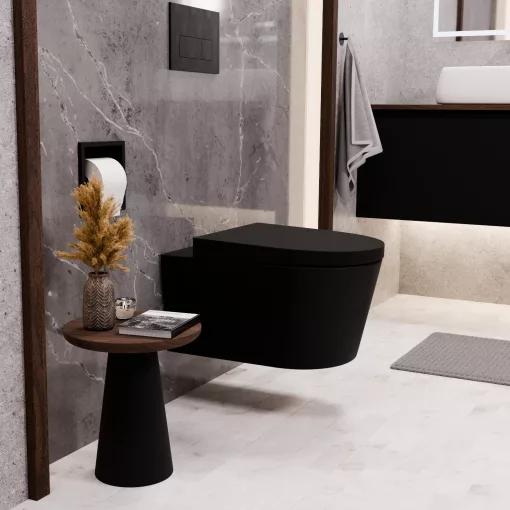 HD Noa Matt Black perem nélküli mély öblítésű íves fali WC compact "A" tetővel és matt fekete zsanérral