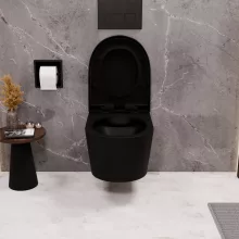 HD Noa Matt Black perem nélküli mély öblítésű íves fali WC compact "A" tetővel és matt fekete zsanérral