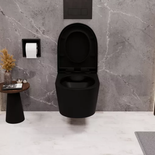 HD Noa Matt Black perem nélküli mély öblítésű íves fali WC compact "A" tetővel és matt fekete zsanérral