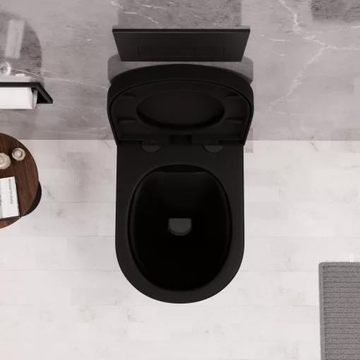 HD Noa Matt Black perem nélküli mély öblítésű íves fali WC compact "A" tetővel és matt fekete zsanérral
