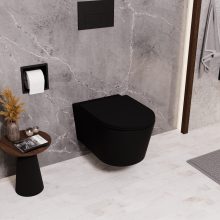 HD Noa Matt Black perem nélküli mély öblítésű íves fali WC slim "A" tetővel és matt fekete zsanérral