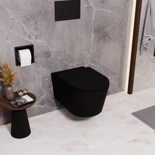 HD Noa Matt Black perem nélküli mély öblítésű íves fali WC slim "A" tetővel és matt fekete zsanérral