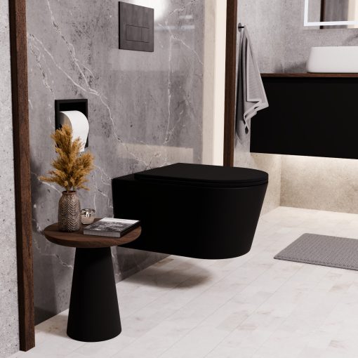 HD Noa Matt Black perem nélküli mély öblítésű íves fali WC slim "A" tetővel és matt fekete zsanérral