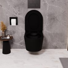 HD Noa Matt Black perem nélküli mély öblítésű íves fali WC slim "A" tetővel és matt fekete zsanérral