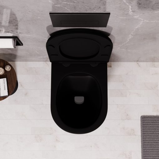 HD Noa Matt Black perem nélküli mély öblítésű íves fali WC slim "A" tetővel és matt fekete zsanérral