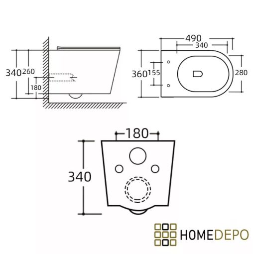HD Noa Matt Black perem nélküli mély öblítésű íves fali WC slim "A" tetővel és matt fekete zsanérral