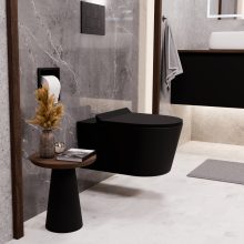HD Noa Matt Black perem nélküli mély öblítésű íves fali WC slim "F" tetővel és matt fekete zsanérral