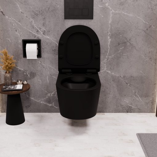 HD Noa Matt Black perem nélküli mély öblítésű íves fali WC slim "F" tetővel és matt fekete zsanérral