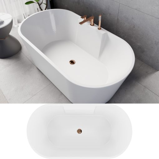 HD Vision White 150/160/170 cm hosszú ovális térben álló akril kád rózsa arany click-clack leeresztővel