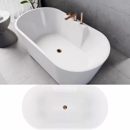HD Vision White 150/160/170 cm hosszú ovális térben álló akril kád rózsa arany click-clack leeresztővel
