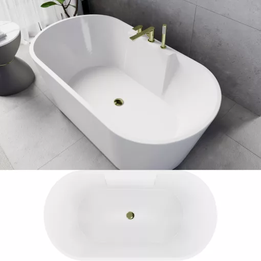 HD Vision White 150/160/170 cm hosszú ovális térben álló akril kád fényes arany click-clack leeresztővel