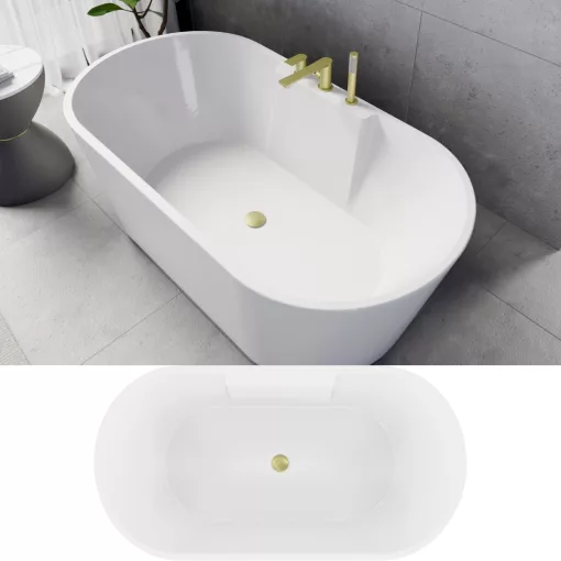 HD Vision White 150/160/170 cm hosszú ovális térben álló akril kád szálcsiszolt arany click-clack leeresztővel