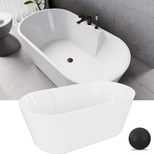 HD Vision White 150/160/170 cm hosszú ovális térben álló akril kád matt fekete click-clack leeresztővel