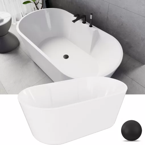 HD Vision White 150/160/170 cm hosszú ovális térben álló akril kád matt fekete click-clack leeresztővel
