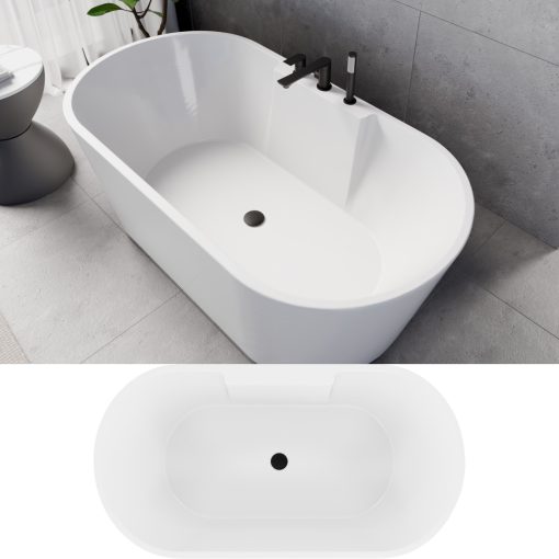 HD Vision White 150/160/170 cm hosszú ovális térben álló akril kád matt fekete click-clack leeresztővel