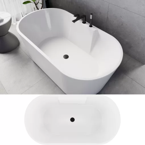 HD Vision White 150/160/170 cm hosszú ovális térben álló akril kád matt fekete click-clack leeresztővel