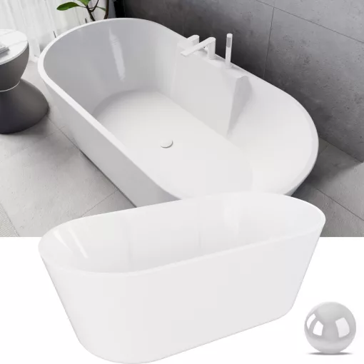 HD Vision White 160x78 ovális térben álló akril kád fényes fehér click-clack leeresztővel