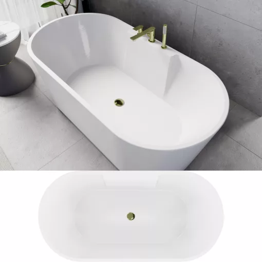 HD Vision White 160x78 ovális térben álló akril kád fényes arany click-clack leeresztővel