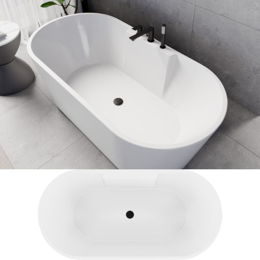 HD Vision White 160x78 ovális térben álló akril kád matt fekete click-clack leeresztővel