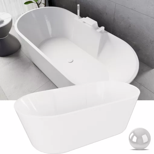 HD Vision White 170x78 ovális térben álló akril kád fényes fehér click-clack leeresztővel