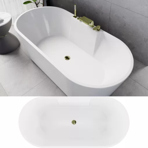HD Vision White 170x78 ovális térben álló akril kád fényes arany click-clack leeresztővel