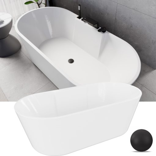 HD Vision White 170x78 ovális térben álló akril kád matt fekete click-clack leeresztővel