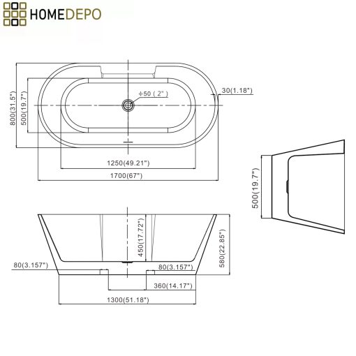 HD Vision White 170x78 ovális térben álló akril kád matt fekete click-clack leeresztővel