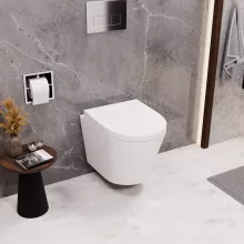 HD Madrid Glossy White perem nélküli mély öblítésű íves fali WC compact "A" tetővel és fényes króm zsanérral