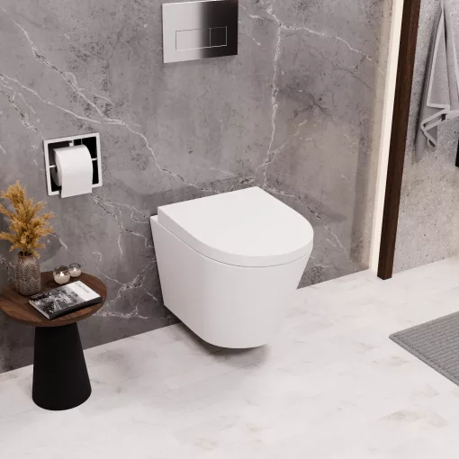 HD Madrid Glossy White perem nélküli mély öblítésű íves fali WC compact "A" tetővel és fényes króm zsanérral