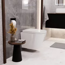 HD Madrid Glossy White perem nélküli mély öblítésű íves fali WC compact "A" tetővel és fényes króm zsanérral