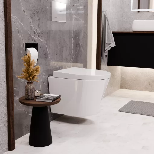 HD Madrid Glossy White perem nélküli mély öblítésű íves fali WC compact "A" tetővel és fényes króm zsanérral