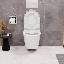 HD Madrid Glossy White perem nélküli mély öblítésű íves fali WC compact "A" tetővel és fényes króm zsanérral