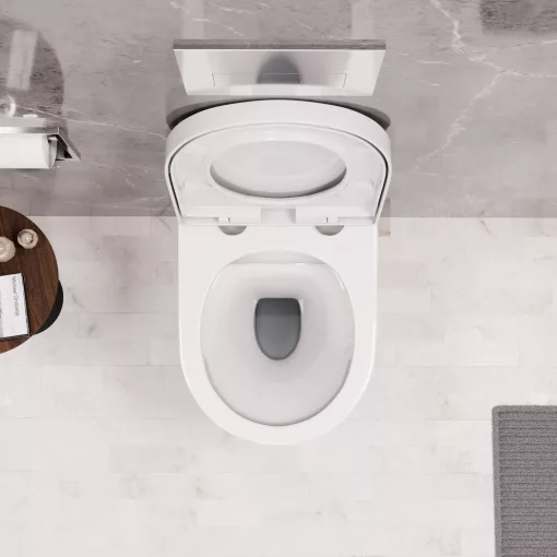 HD Madrid Glossy White perem nélküli mély öblítésű íves fali WC compact "A" tetővel és fényes króm zsanérral