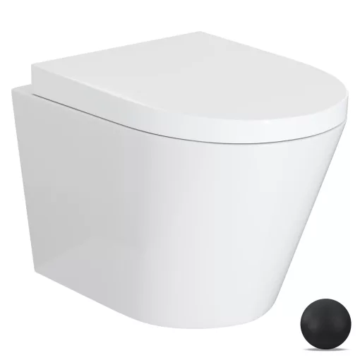 HD Madrid Glossy White perem nélküli mély öblítésű íves fali WC compact "A" tetővel és matt fekete zsanérral
