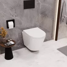 HD Madrid Glossy White perem nélküli mély öblítésű íves fali WC compact "A" tetővel és matt fekete zsanérral