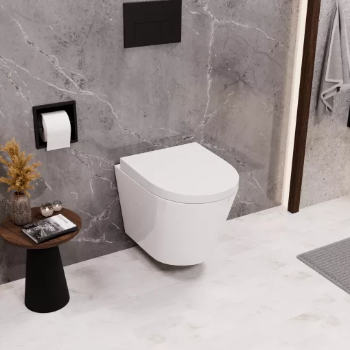 HD Madrid Glossy White perem nélküli mély öblítésű íves fali WC compact "A" tetővel és matt fekete zsanérral
