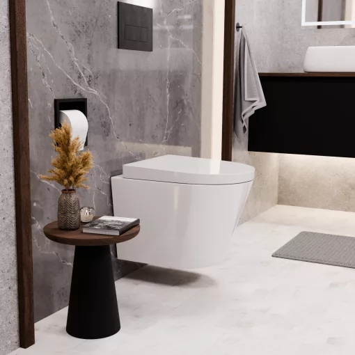 HD Madrid Glossy White perem nélküli mély öblítésű íves fali WC compact "A" tetővel és matt fekete zsanérral