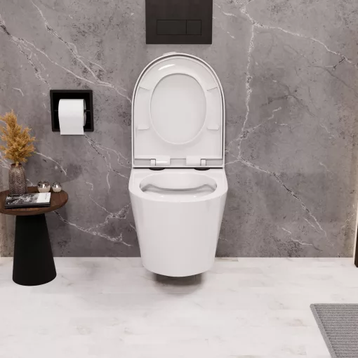 HD Madrid Glossy White perem nélküli mély öblítésű íves fali WC compact "A" tetővel és matt fekete zsanérral