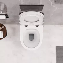 HD Madrid Glossy White perem nélküli mély öblítésű íves fali WC compact "A" tetővel és matt fekete zsanérral