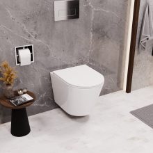 HD Madrid Glossy White perem nélküli mély öblítésű íves fali WC slim "A" tetővel és fényes króm zsanérral