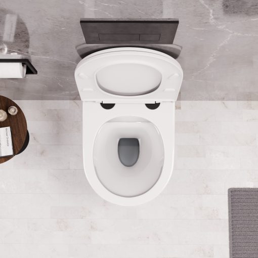 HD Madrid Glossy White perem nélküli mély öblítésű íves fali WC slim "A" tetővel és matt fekete zsanérral